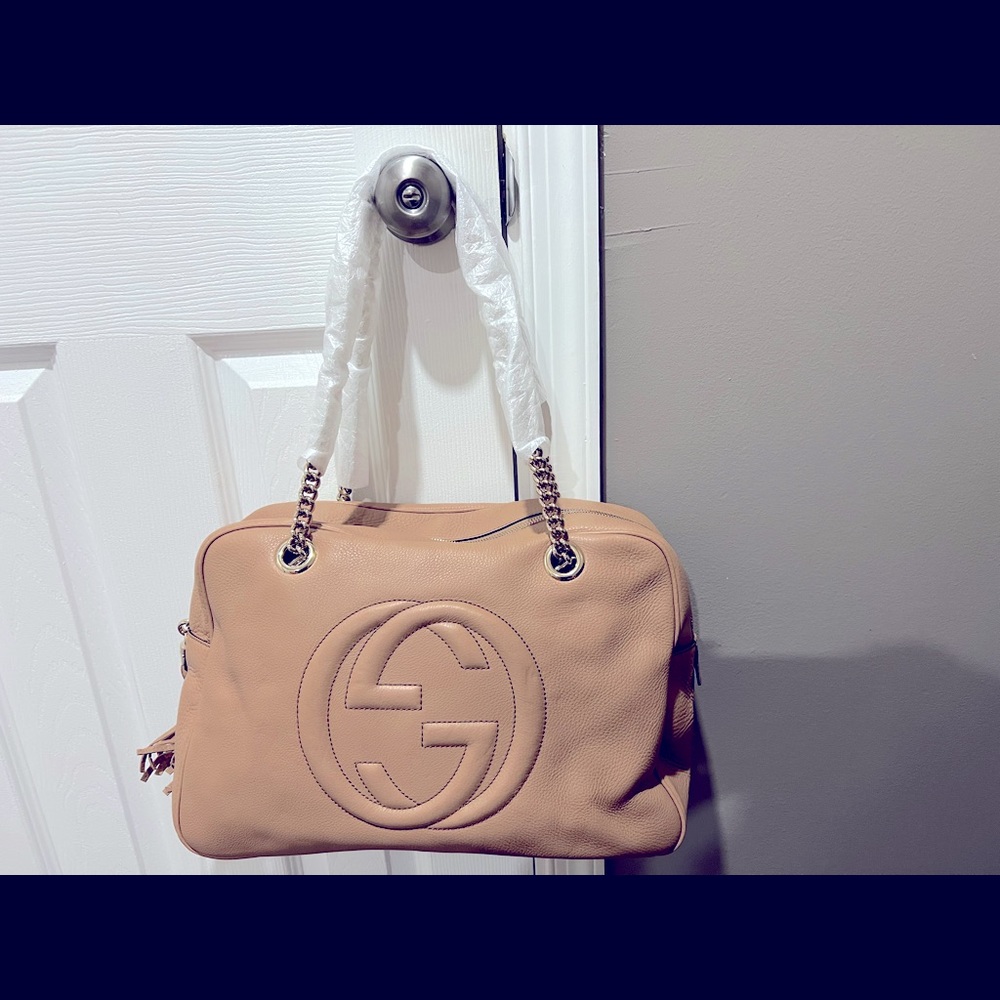 GUCCI SOHO DOUBLE CHAIN LEATHER SHOULDER BAG GG